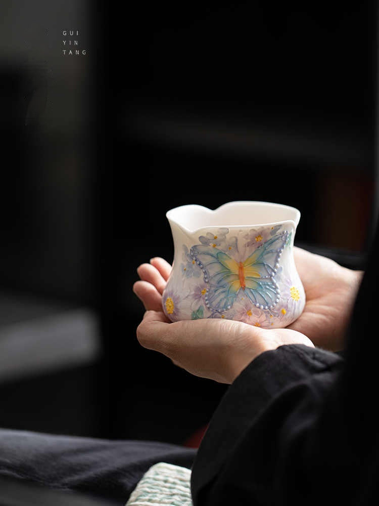 Hand-Painted Butterfly Ceramic Teacup - Under glaze Home Drinkware Corset Style