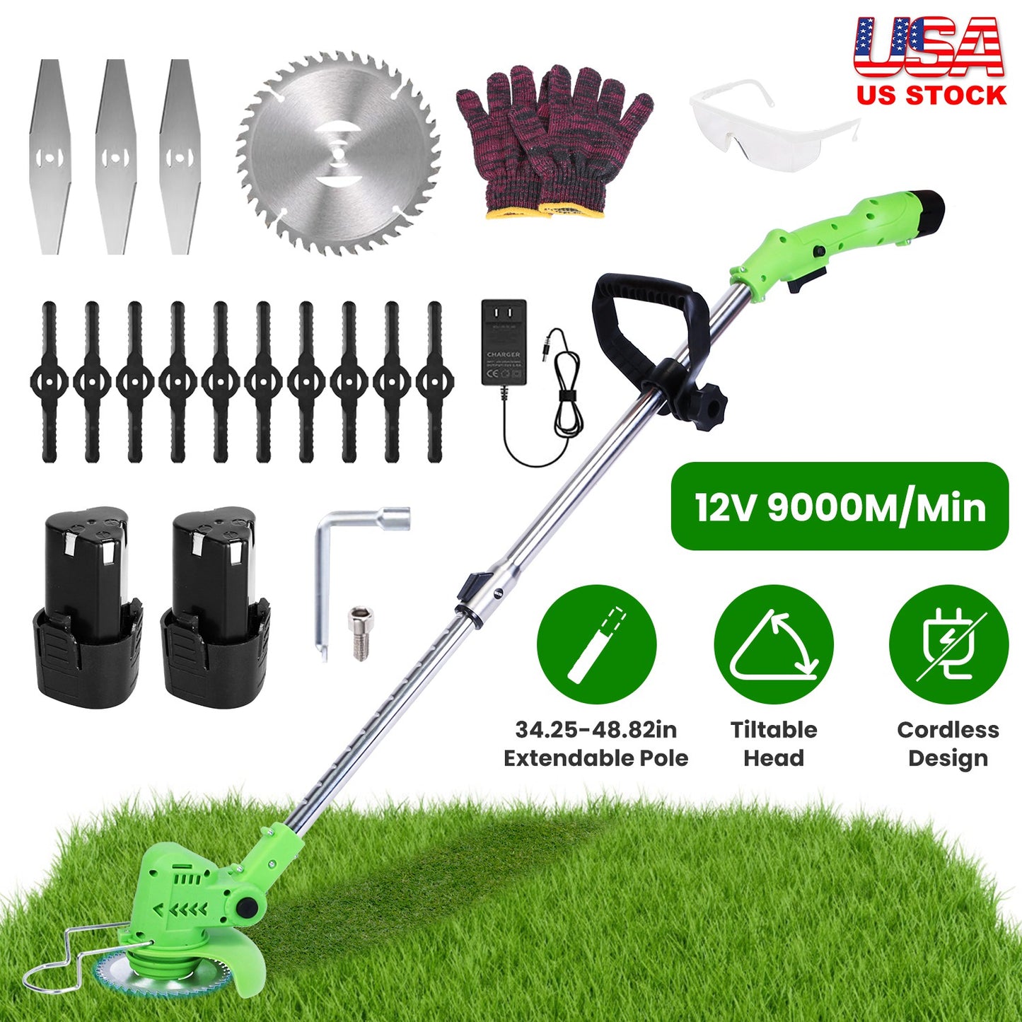 Cordless 12V 200W Grass Trimmer with 3 Blades & Adjustable Handle