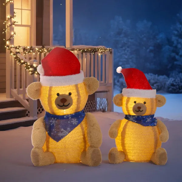 Set of 2 Lighted Plush Bear Christmas Decorations with 60 LED Lights
