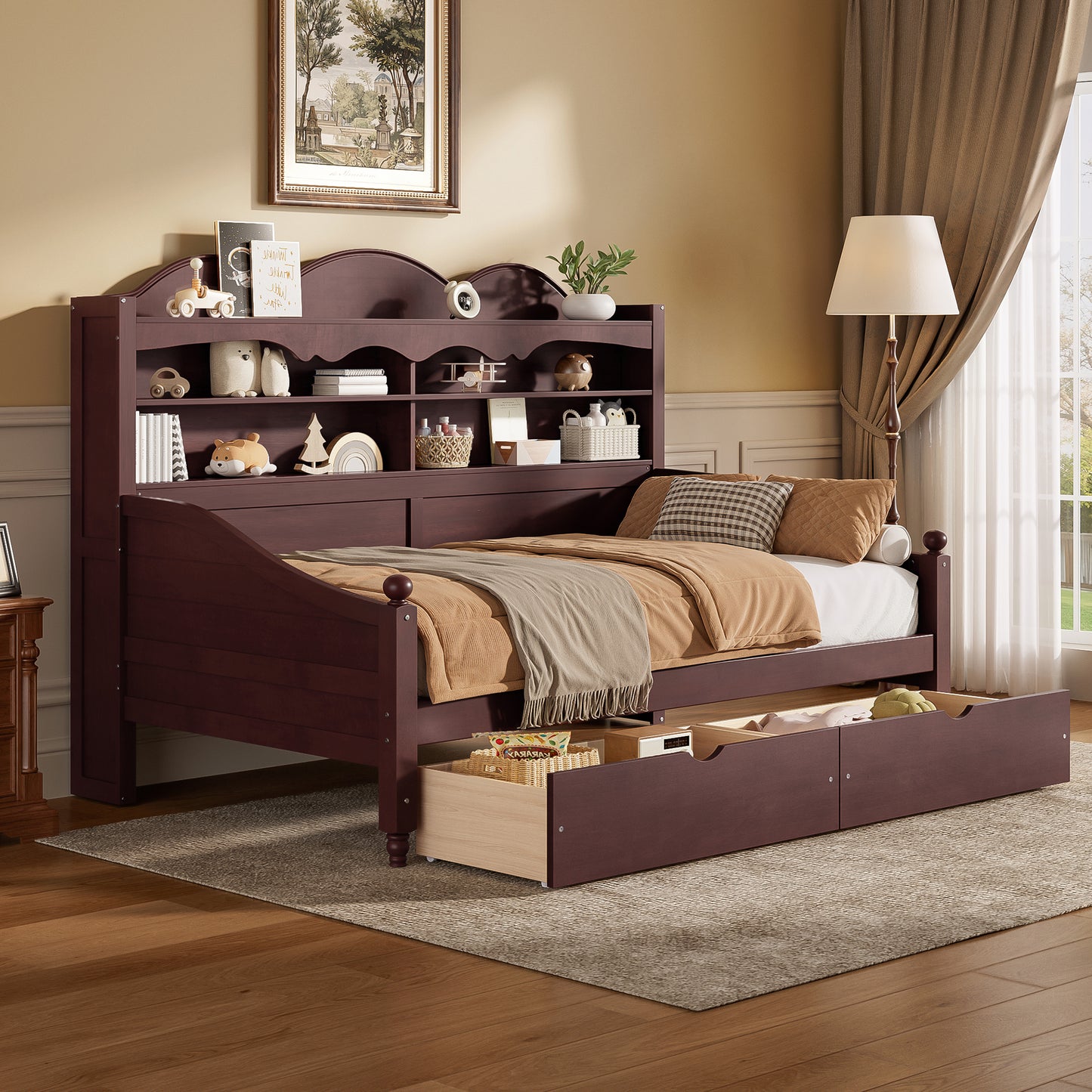 Twin Daybed with Storage Drawers - Espresso Wood, Retro Style