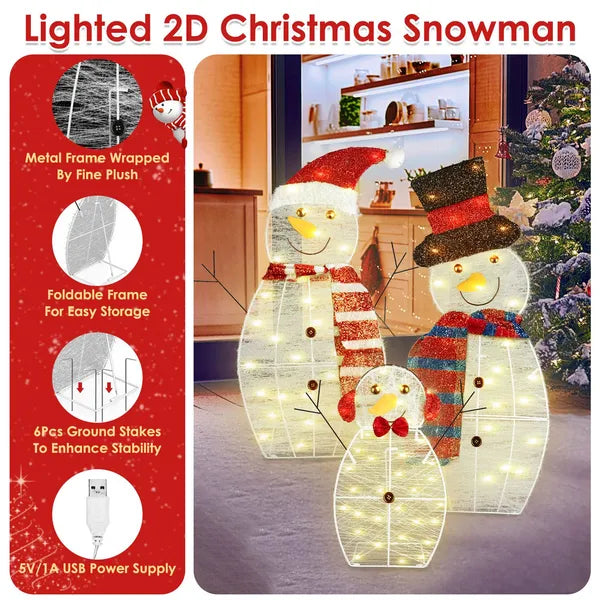 3Pcs 2D Christmas Snowman Family Decoration with LED Lights