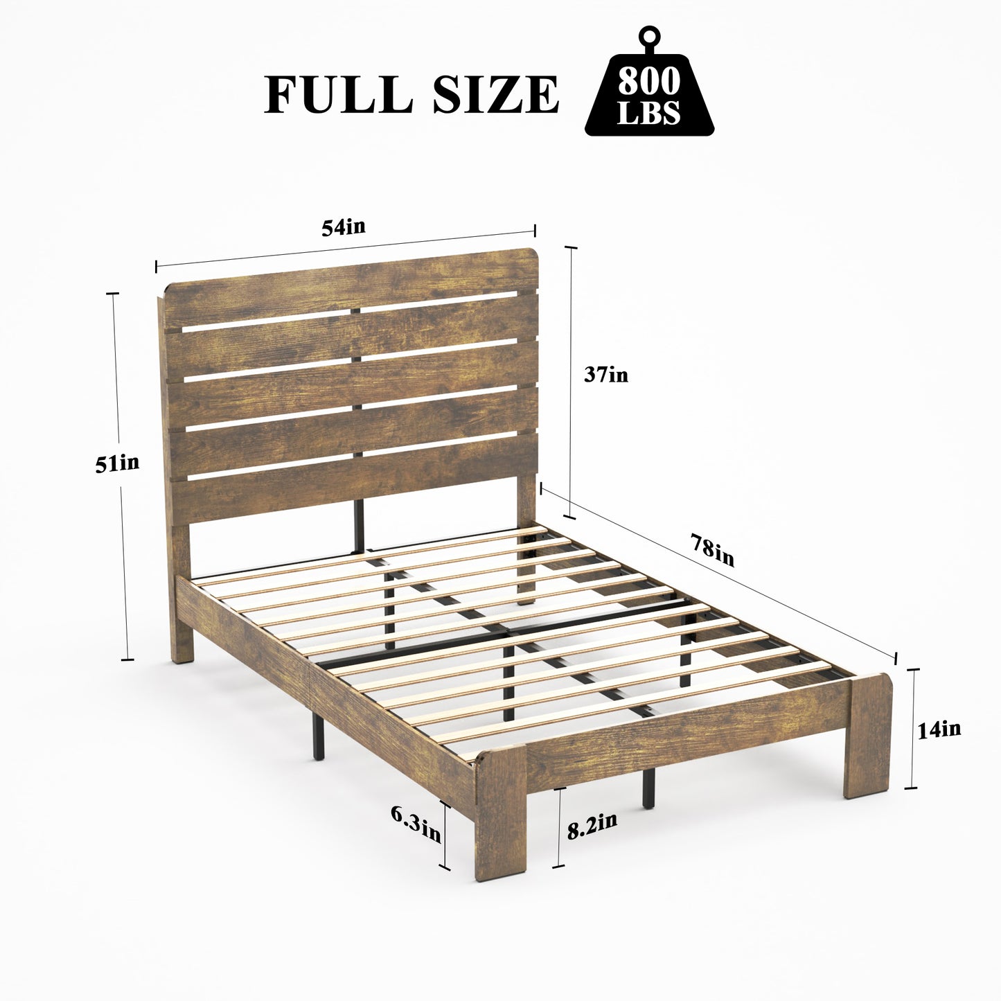 Full Wood Platform Bed Frame with Underbed Storage - Dark Brown