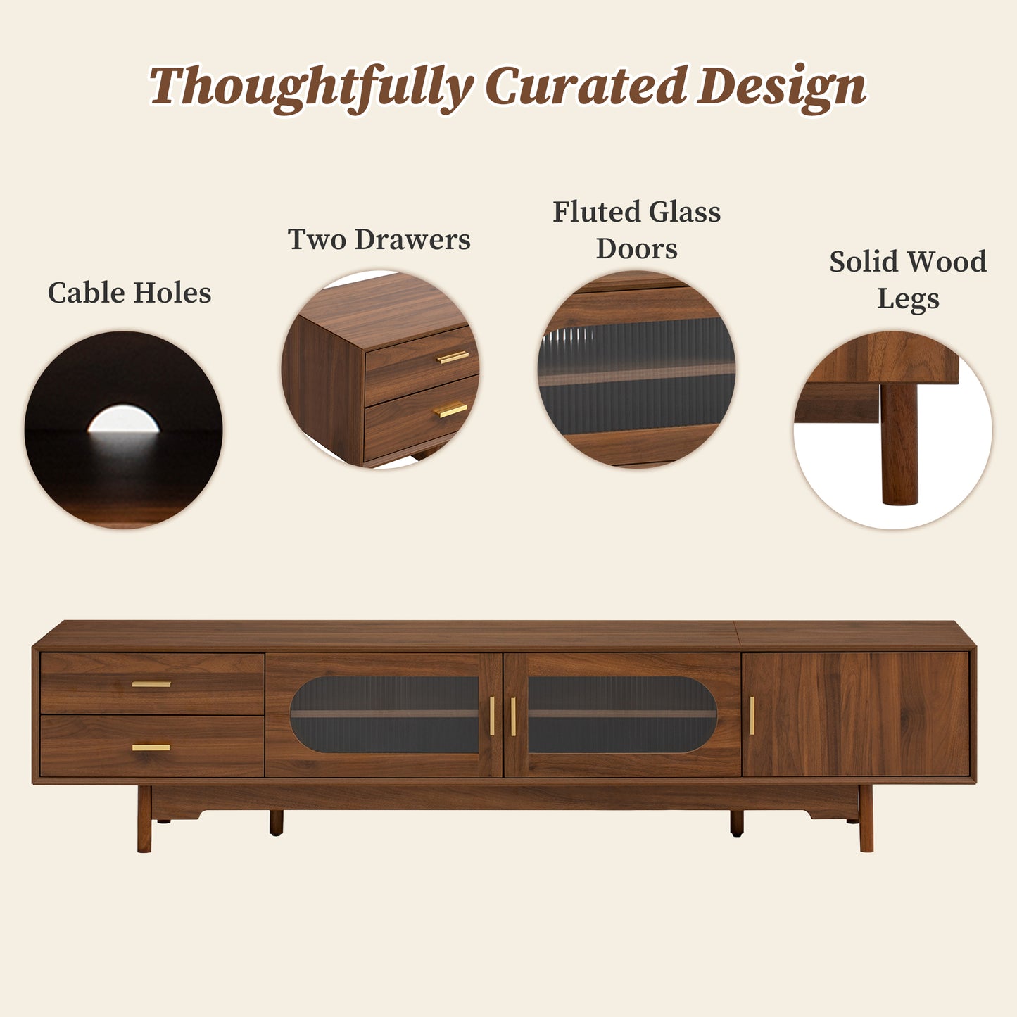 Modern 78-Inch TV Stand for TVs Up to 85" with Glass Doors & Drawers - Walnut