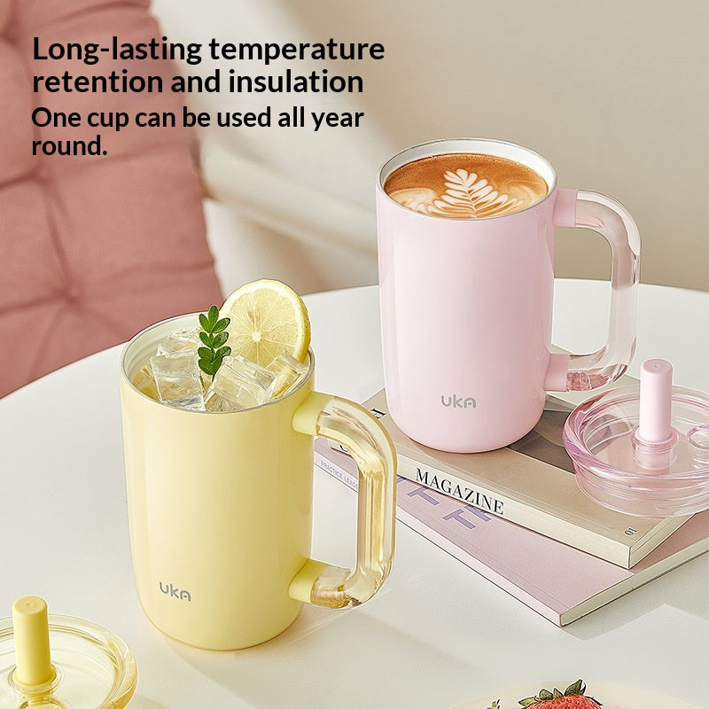Insulated Ceramic Drink Mug with Straw & Handle, Large Capacity 700ml