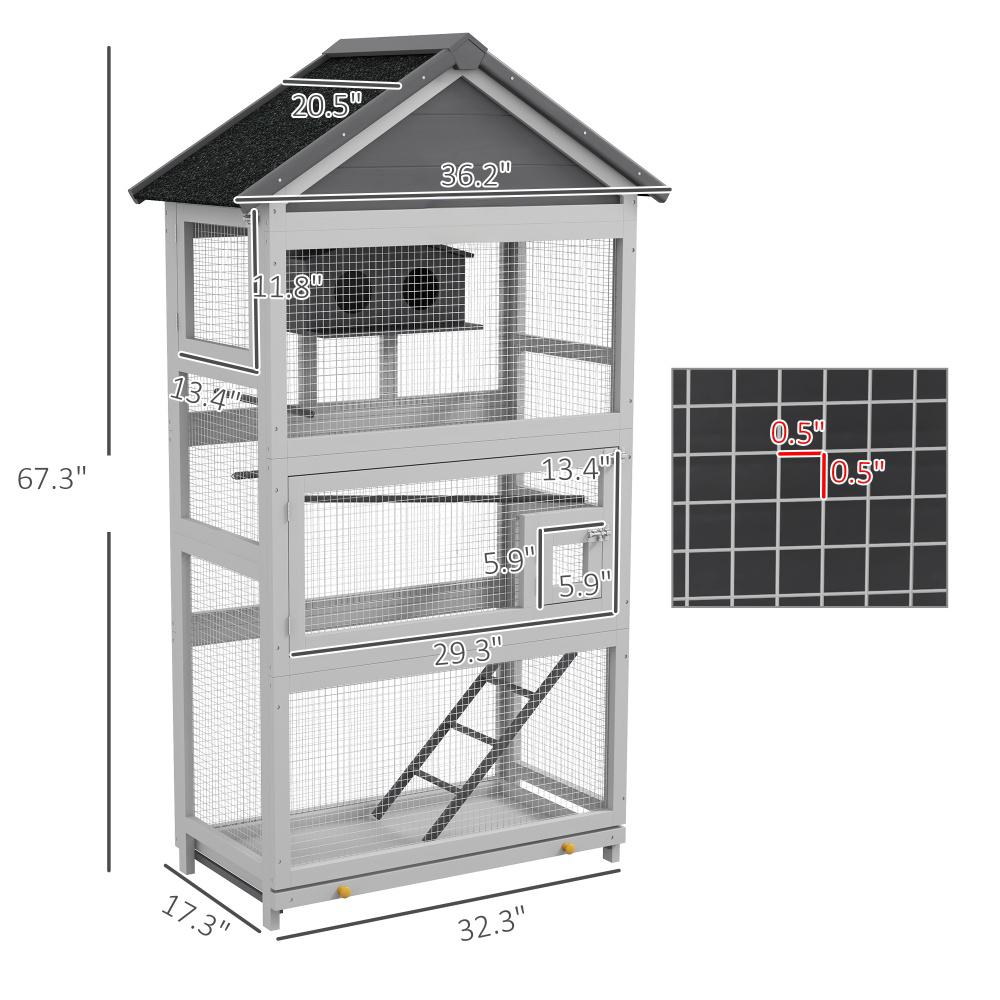 Spacious Wooden Bird Aviary with Slide-Out Tray & Perches - Black+Grey