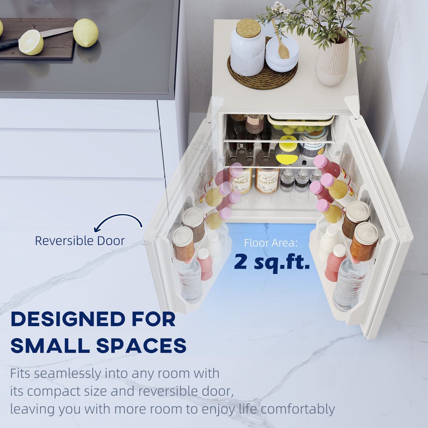2.5 Cu.Ft Mini Fridge with Freezer - Compact Reversible Door, Adjustable Thermostat, White
