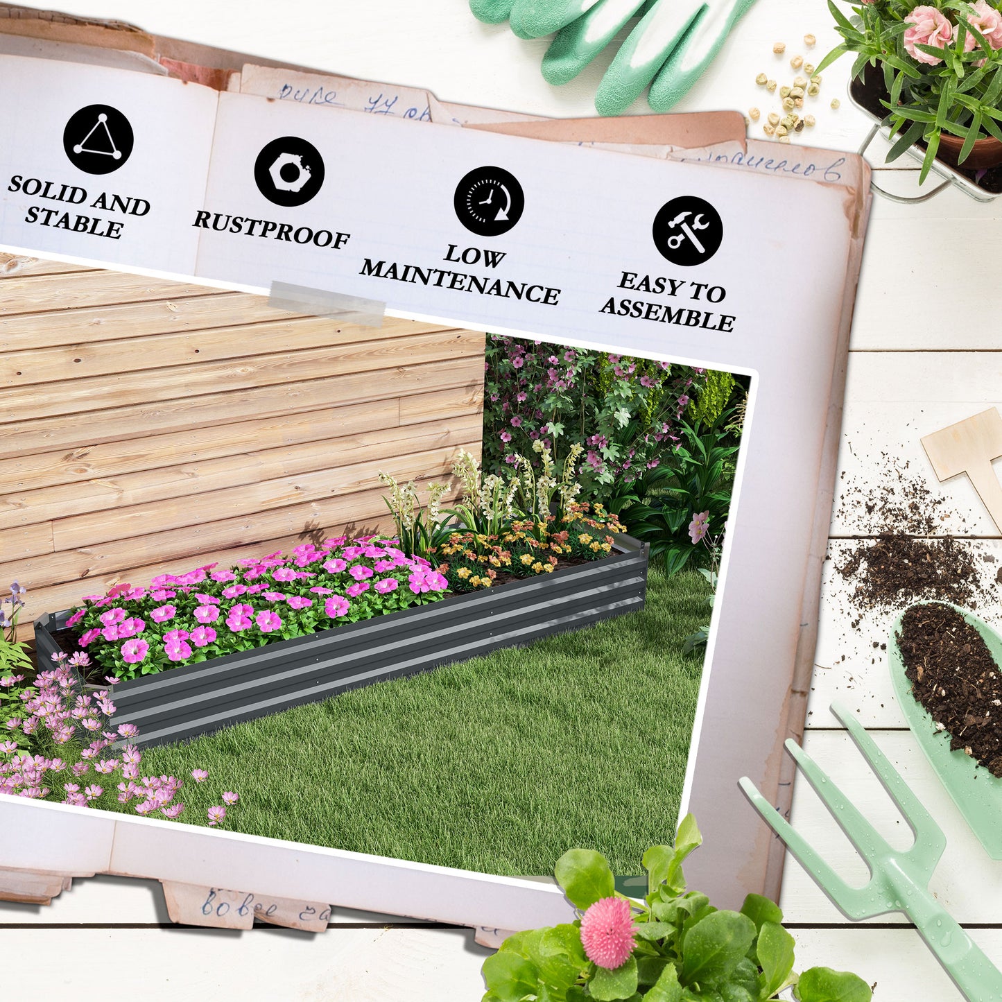 Galvanized Raised Garden Bed Kit with Safety Edging for Flowers & Vegetables, Dark Gray 8x2ft