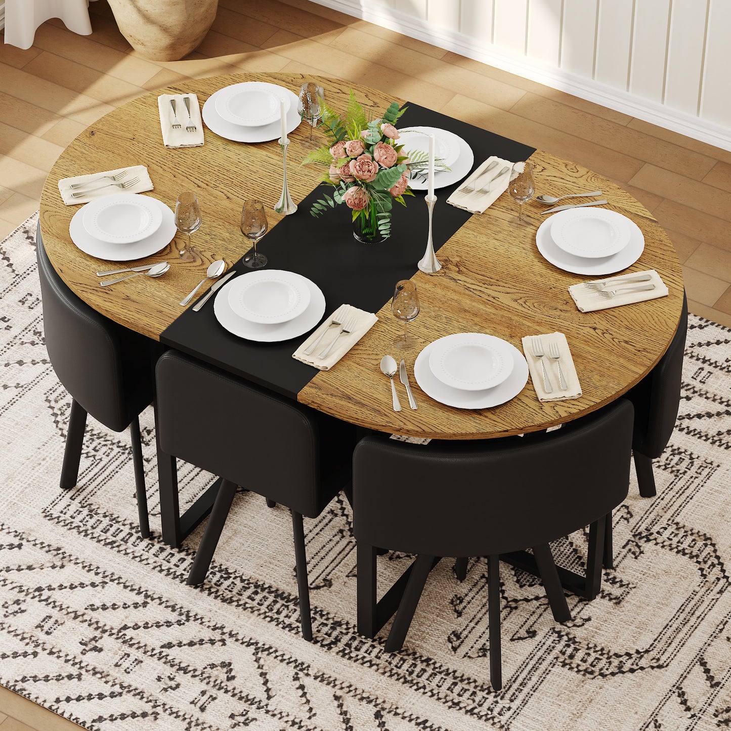 7-Piece Oval Dining Table Set, Fixed Wood Grain & Black Triamine