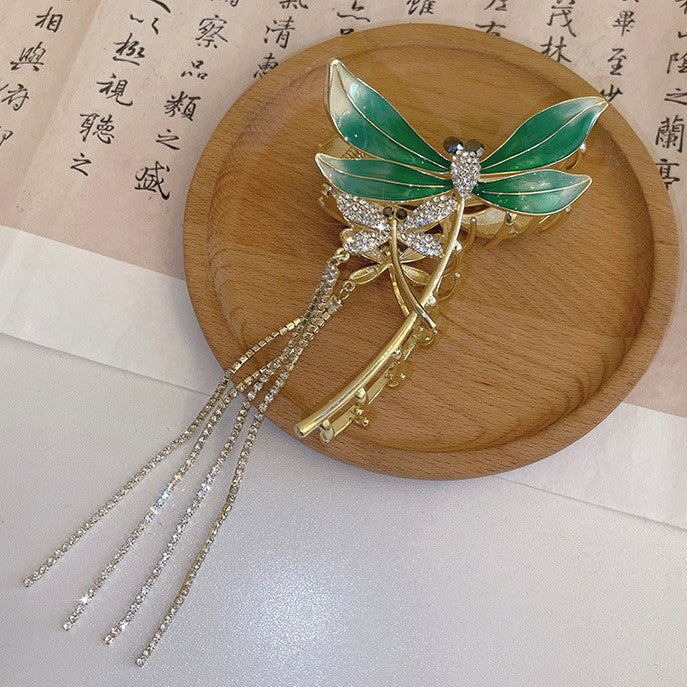 Large Tassel Hair Clip for Women - Korean Style Back of Head Hair Pin, Green