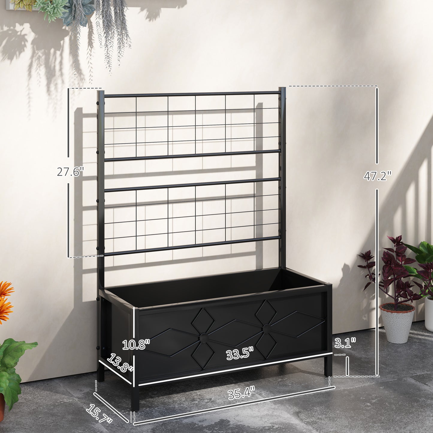 Galvanized Raised Garden Bed with Trellis - Outdoor Plant Container 35.4 x 15.7 x 47.2 Inches