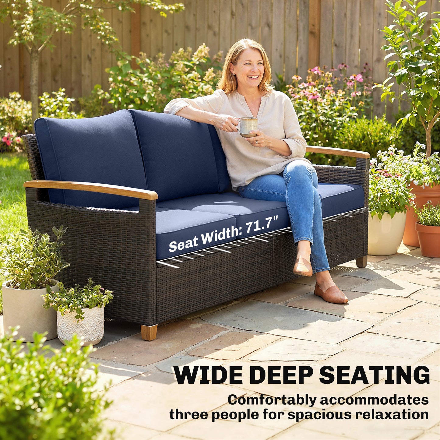 Outdoor 3-Seater Couch Sofa with Thick Cushions - Dark Blue