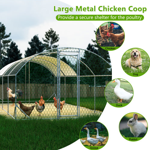 Large Metal Chicken Coop Walk-In Poultry Cage with Waterproof Cover - Silver