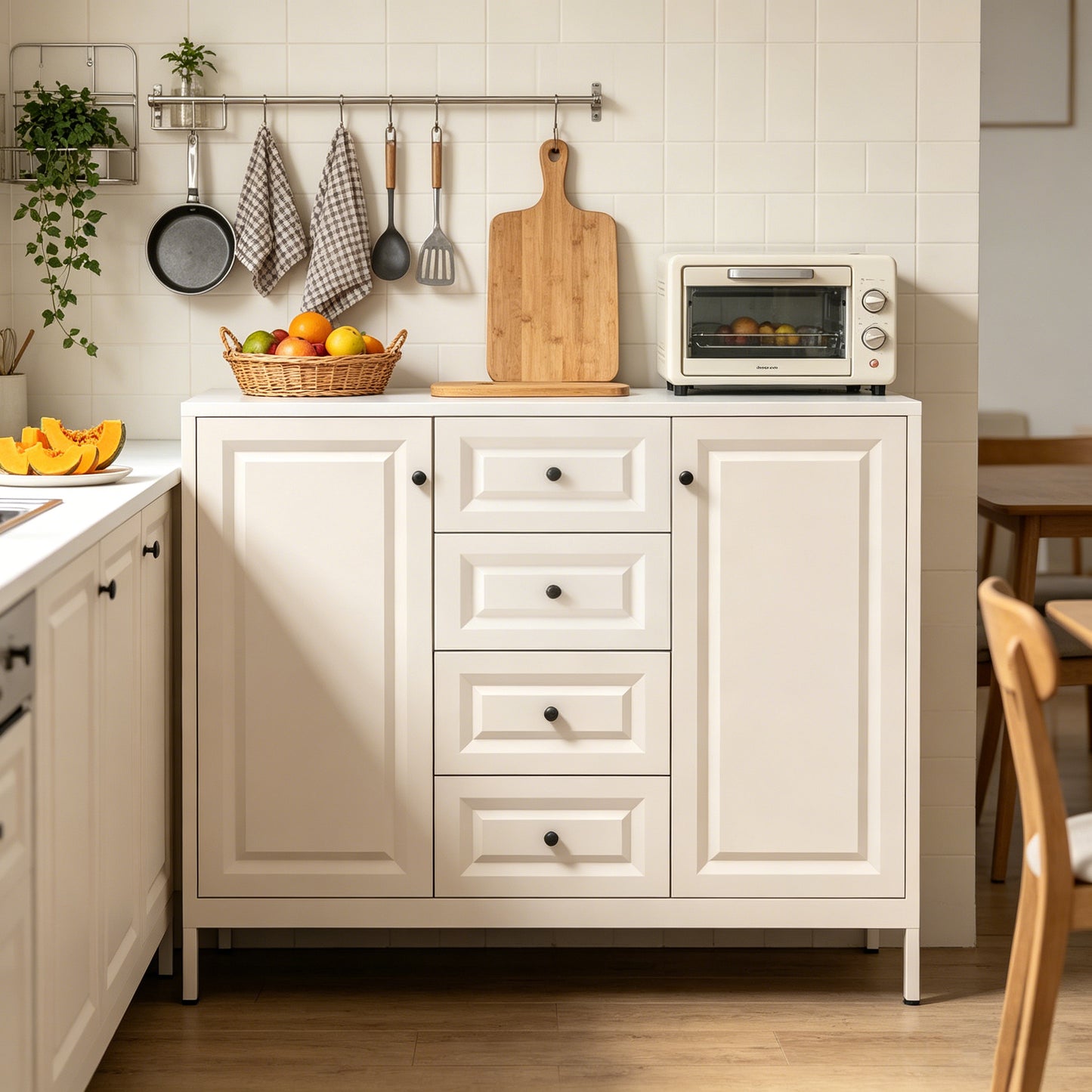 Beige 40.16'' Storage Sideboard Buffet Cabinet with 4 Drawers & 2 Doors