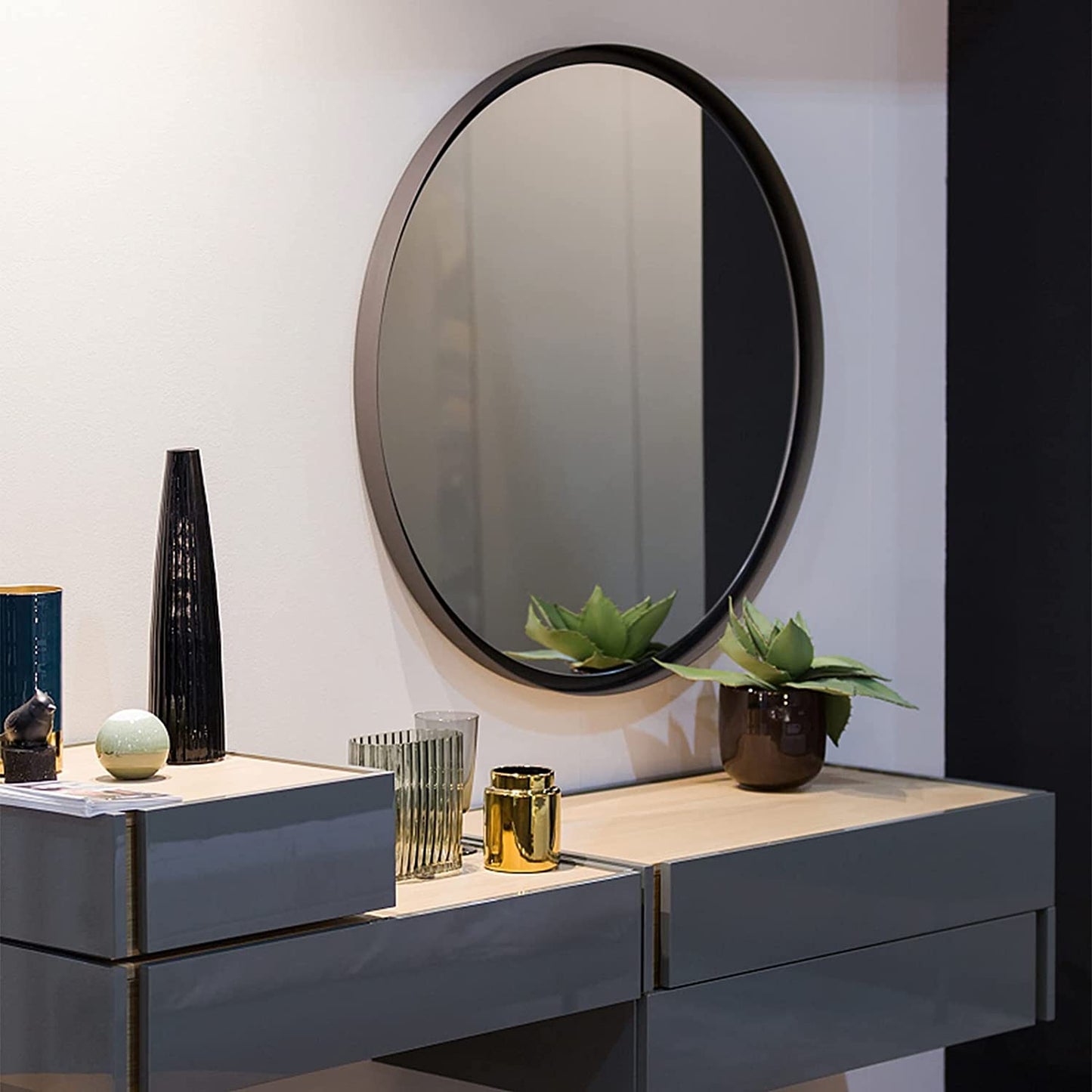 30 Inch Round Black Metal Framed Bathroom Wall Mirror