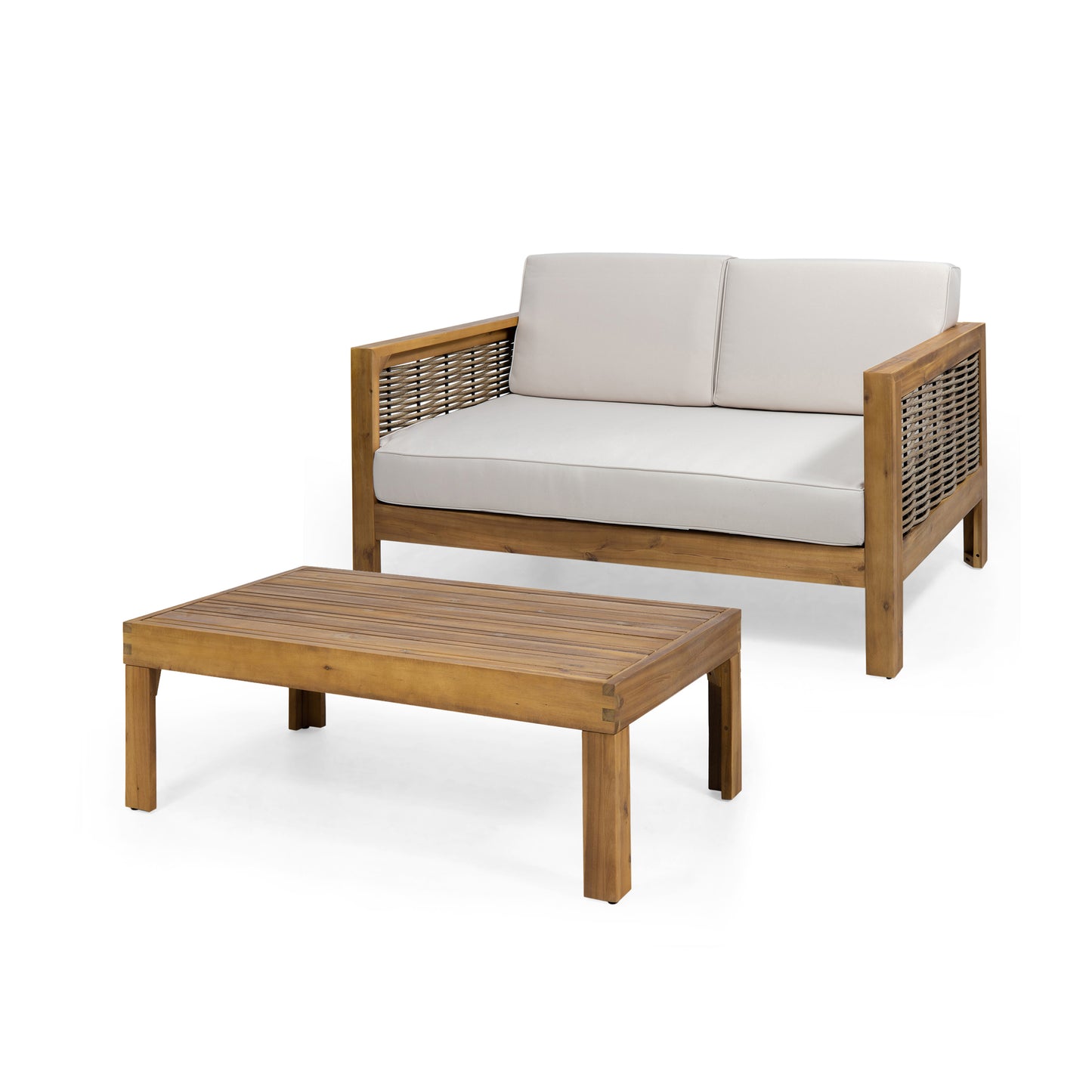 Outdoor Acacia Wood And Wicker Loveseat Coffee Table Set With