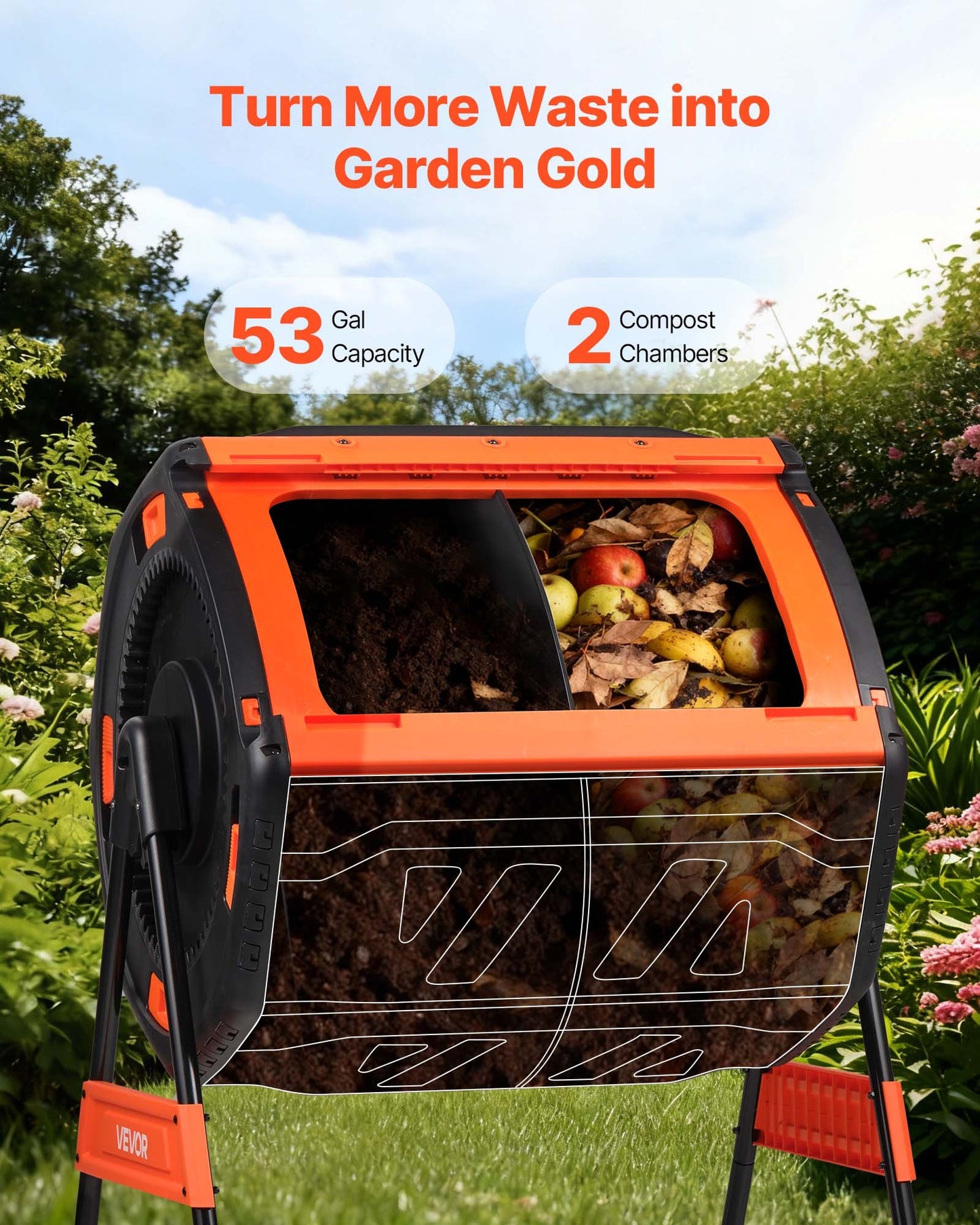 53 Gallon Dual Chamber Outdoor Compost Tumbler - Garden Yard Waste Bin, Easy Turn