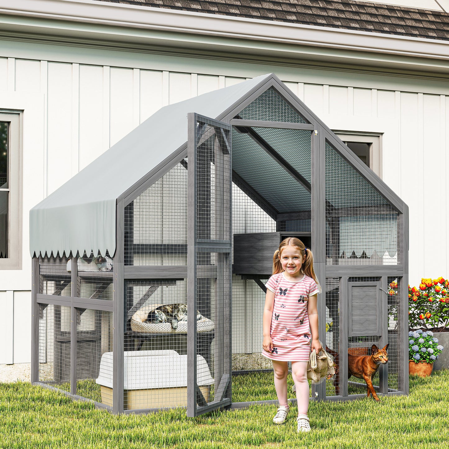 Large Outdoor Cat Enclosure with Platforms & Resting Boxes - Gray