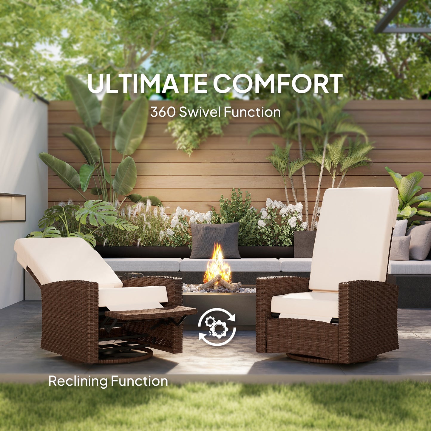 Outdoor Wicker Swivel Recliner Chair with Footrest - Cream White