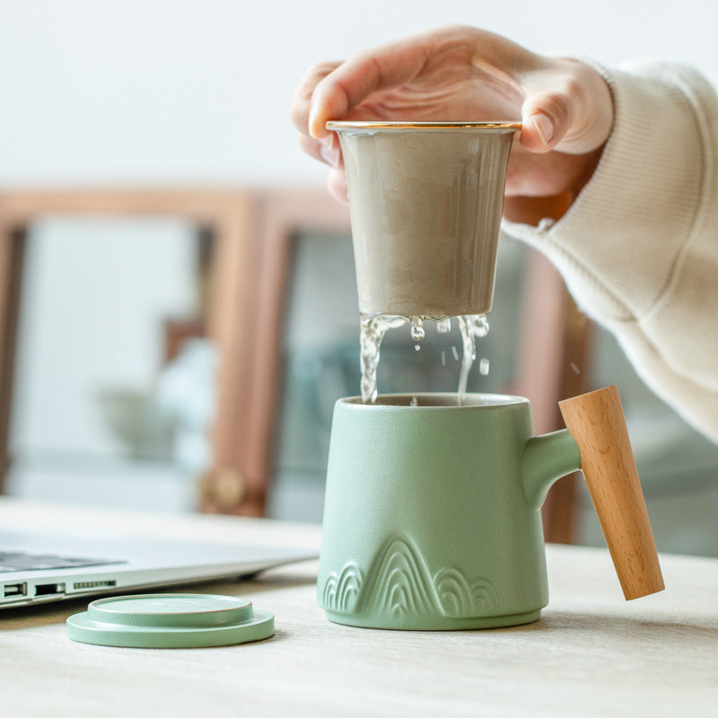 Ceramic Tea Separation Cup with Lid - Double Layer, Microwave Safe, 301-400ml