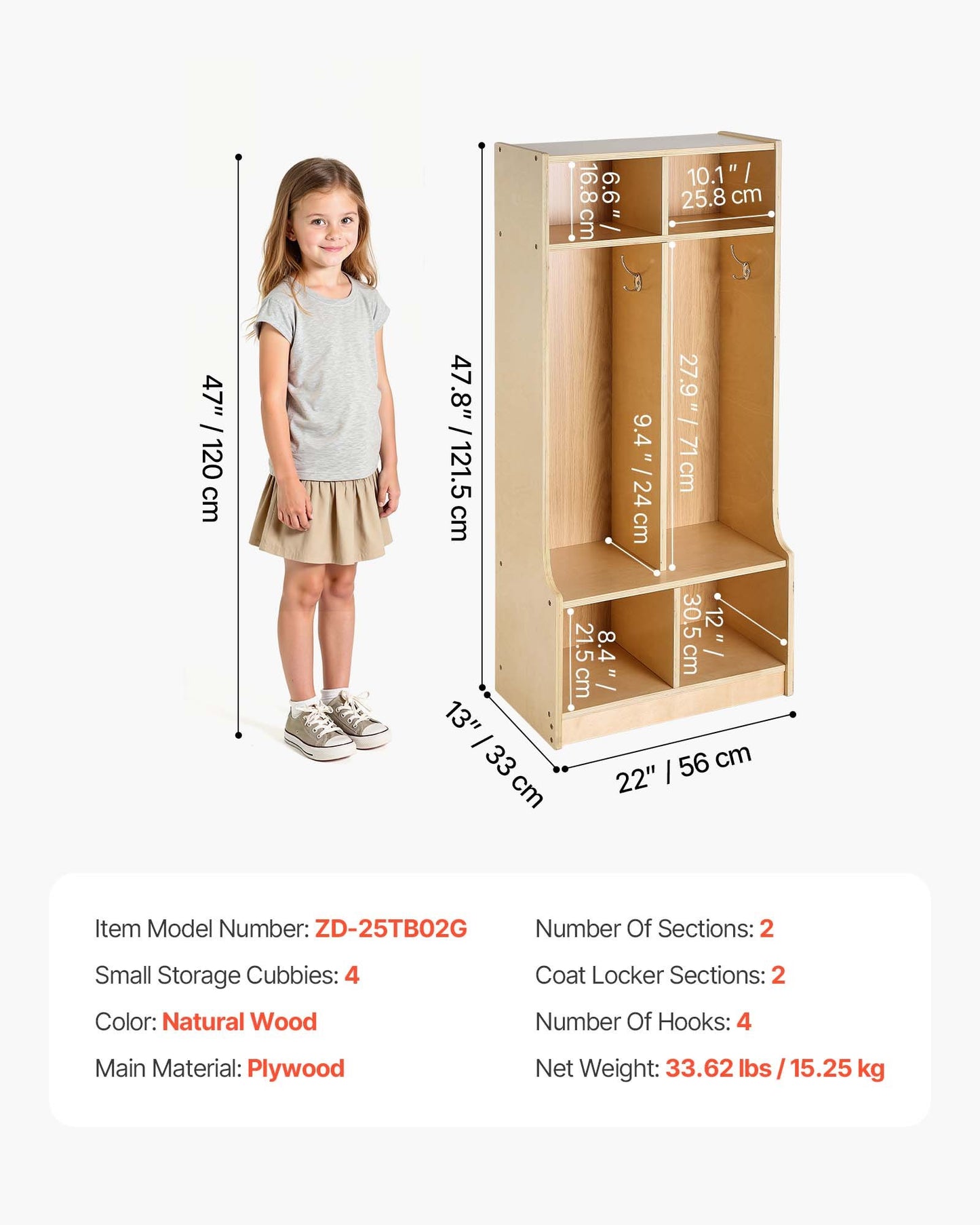 Kids Wooden Coat Locker with Hooks & Storage Cubes - Toddler Organizer, Natural Finish