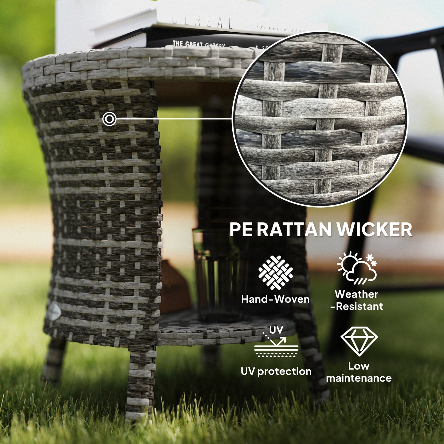 18" Outdoor Coffee Table - Wicker Patio Side Table with 2-Tier Storage, Mixed Gray