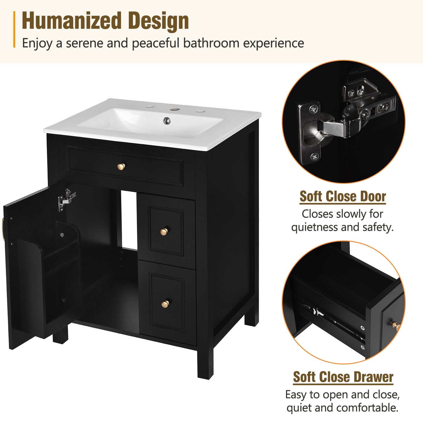 24-Inch Bathroom Vanity with Ceramic Sink and Soft Close Doors - Black