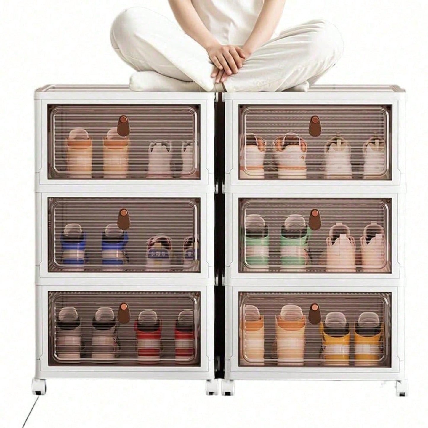 Stackable Shoe Storage Rack, Plastic Cabinet With Clear Doors For