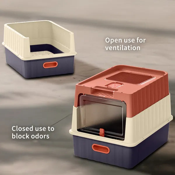 Red Cat Litter Box with Drawer Style Design, Space-Saving Pet Waste Solution