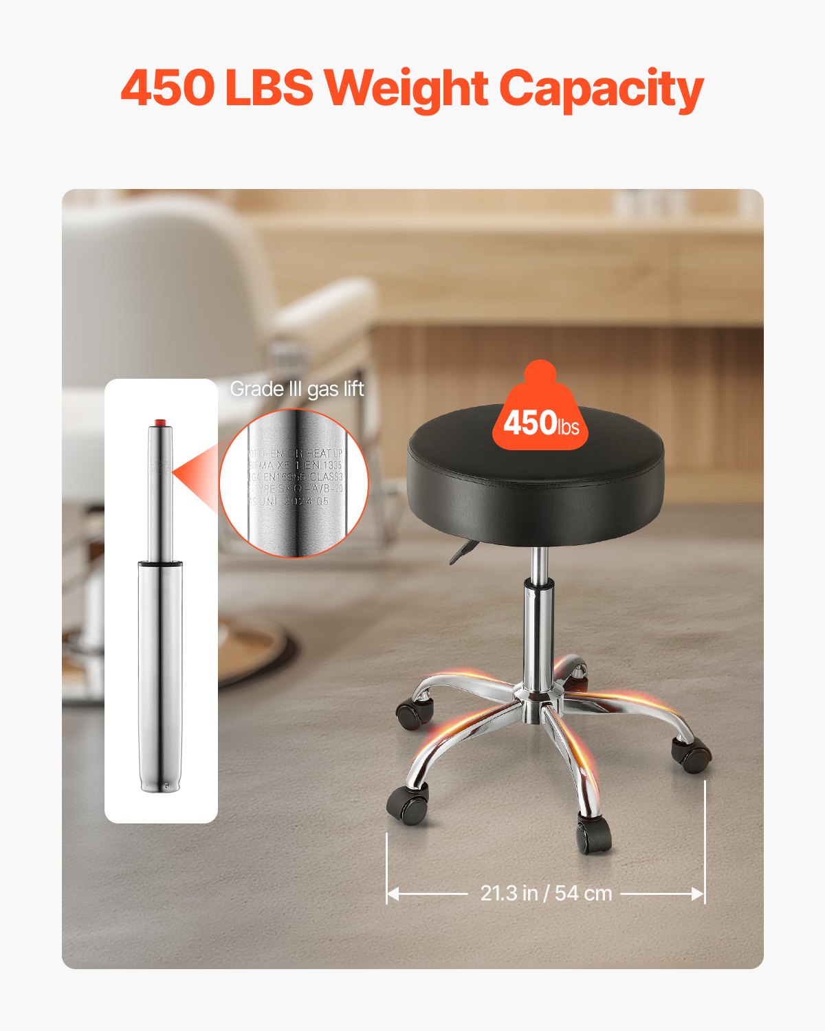 Height Adjustable Rolling Stool with Wheels - 450 lbs Capacity, Black