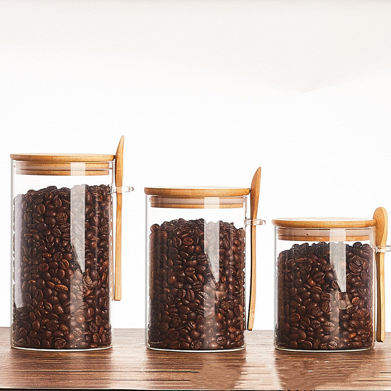 Wooden & Glass Food Storage Tank Set with Spoon - Multiple Sizes