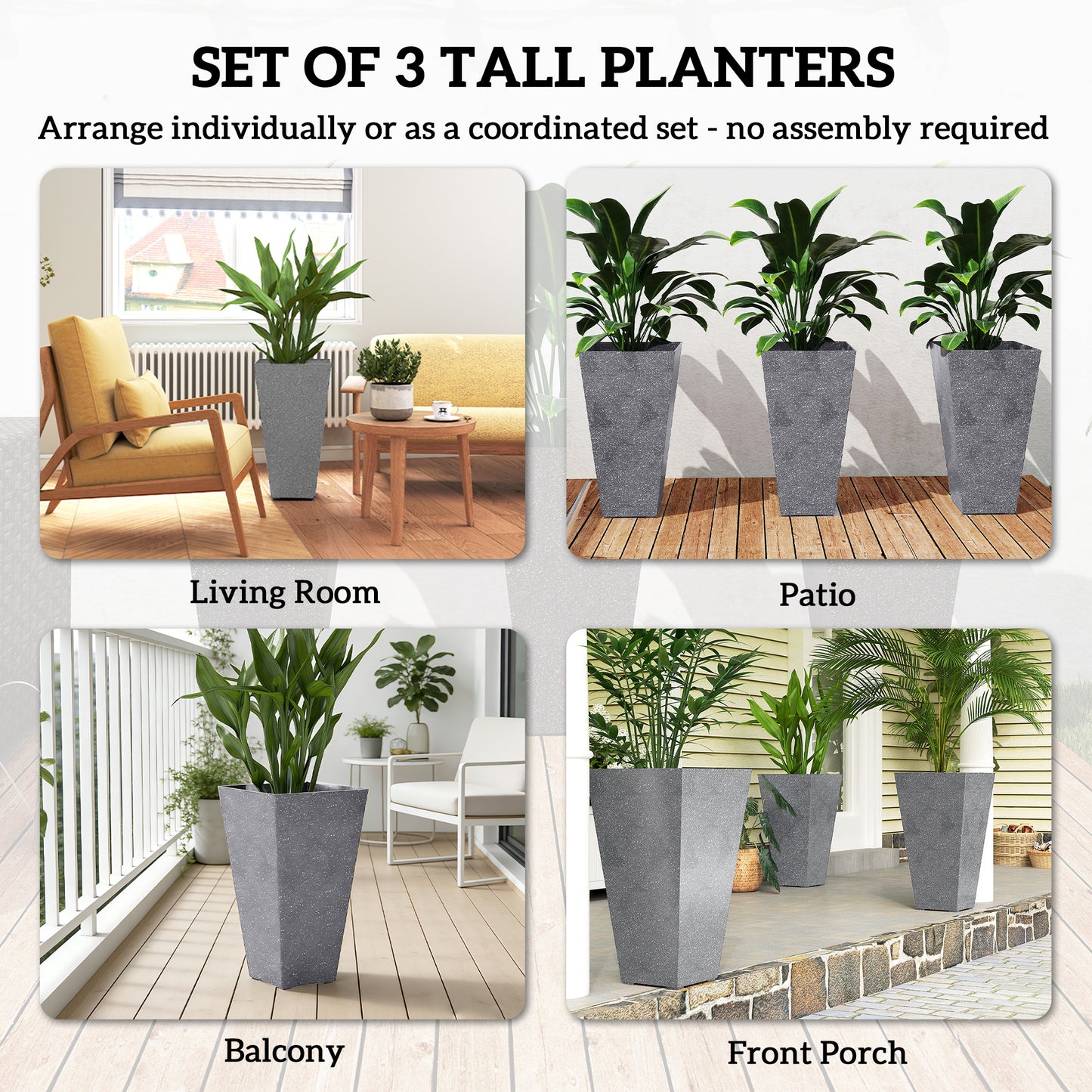28-Inch Tall Plastic Planters Set of 3 with Marble Finish and Drainage Holes