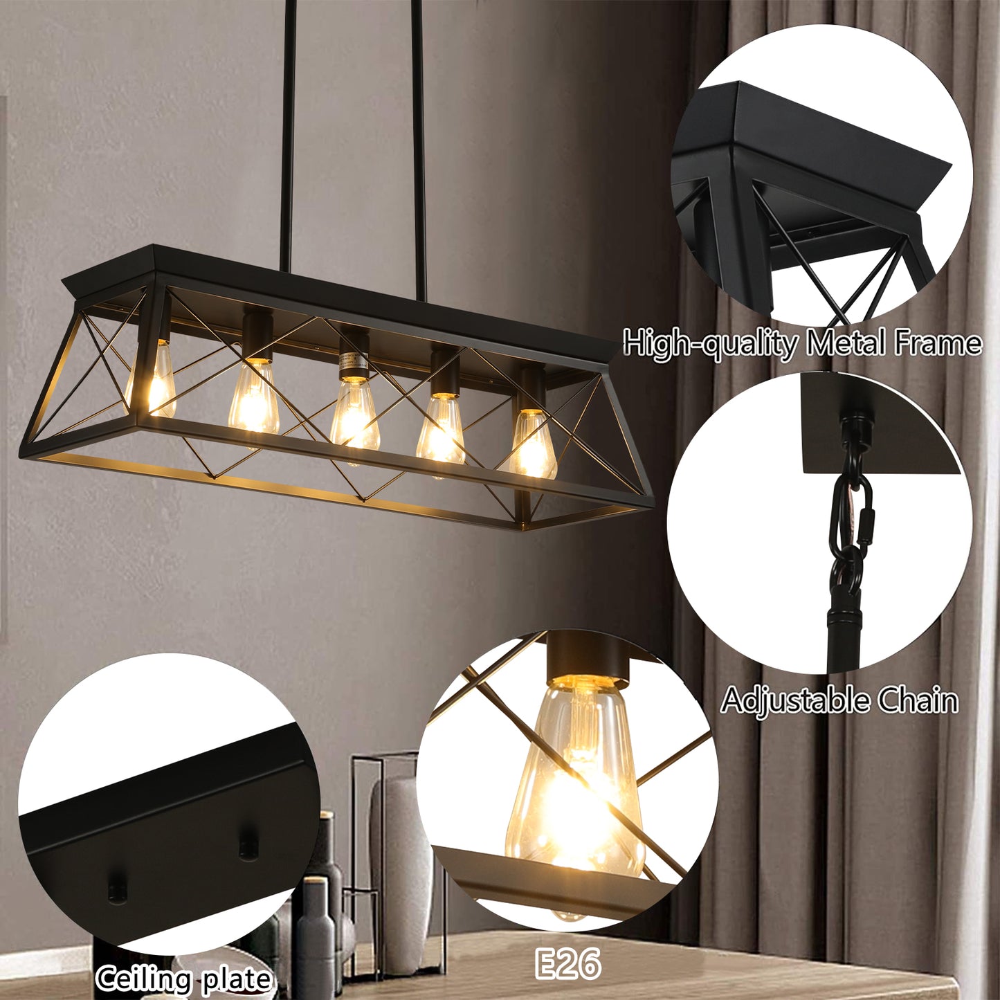 32-Inch Black Industrial 5-Light Pendant Chandelier - Adjustable