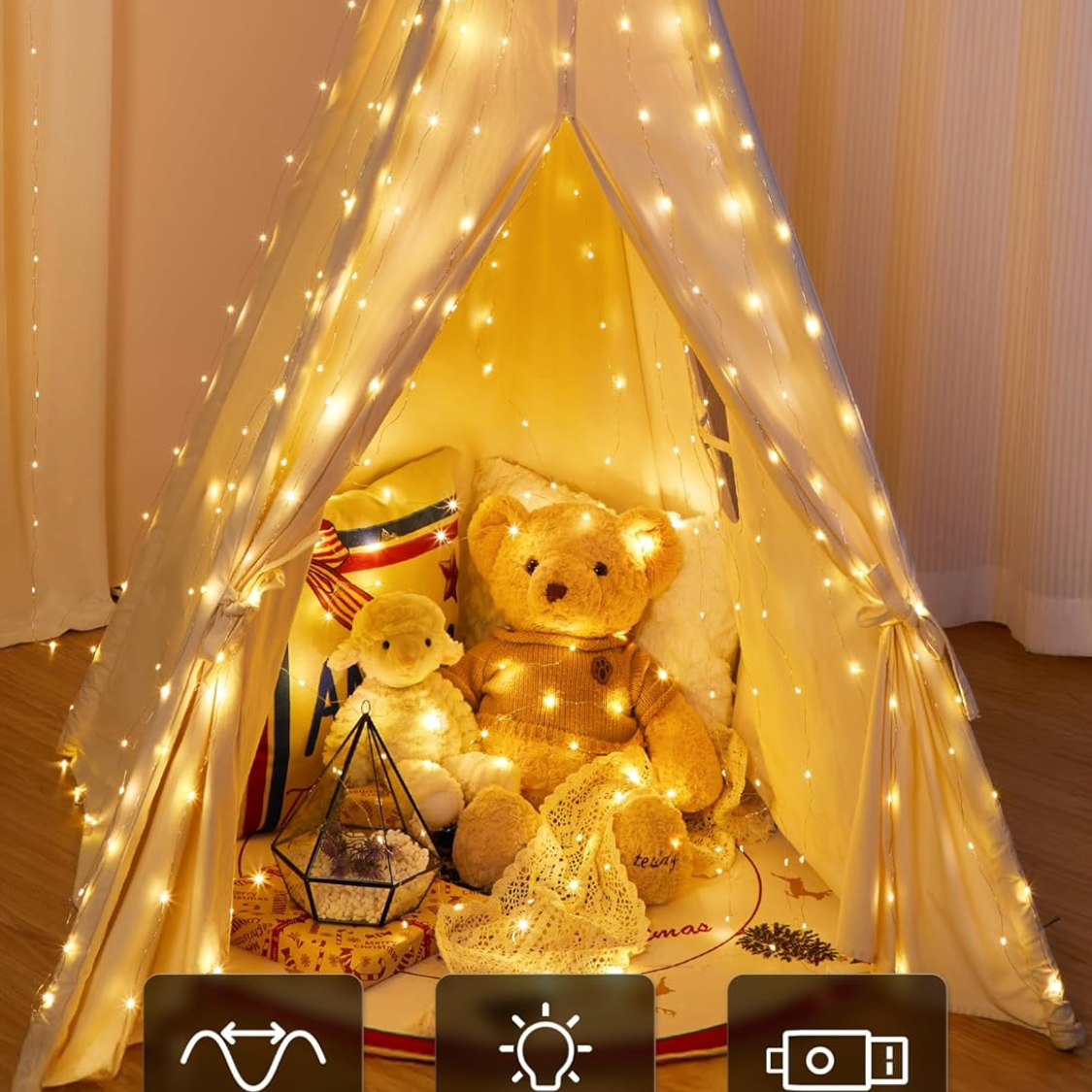 300 LED Warm White Curtain String Lights - USB Plug-In, 8 Modes