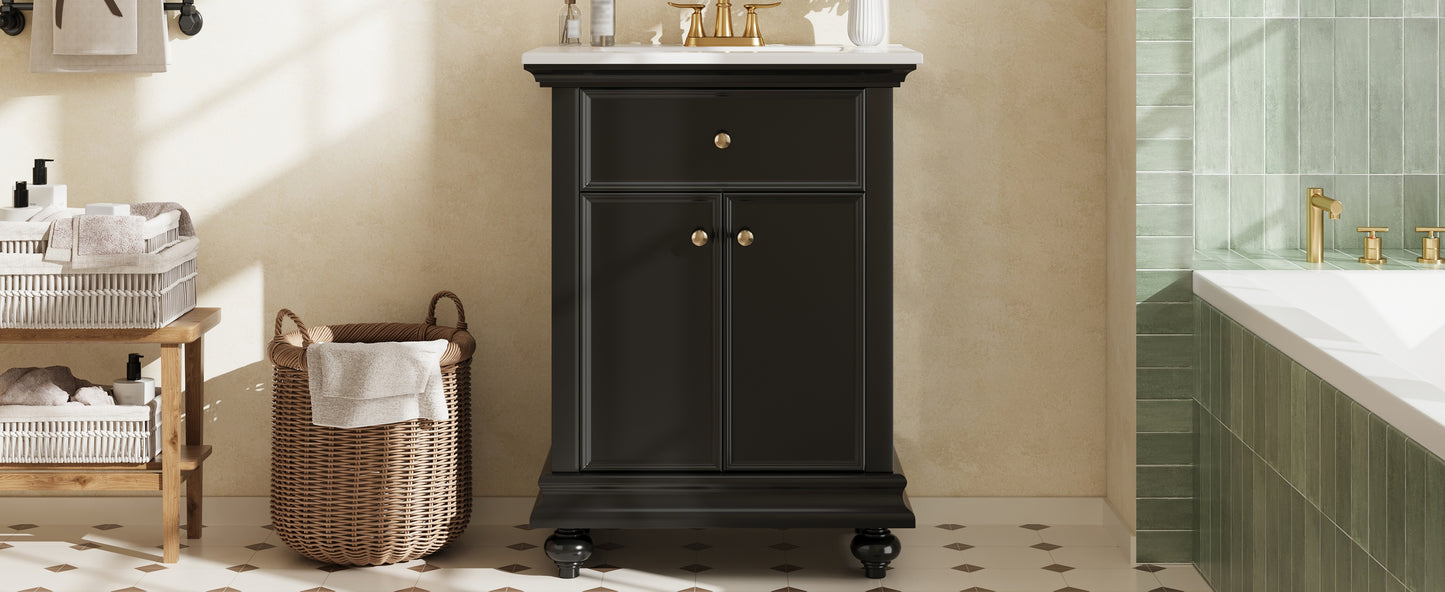 24" Black Modern Bathroom Vanity with Tip-Out Drawer & Soft-Close Hinges