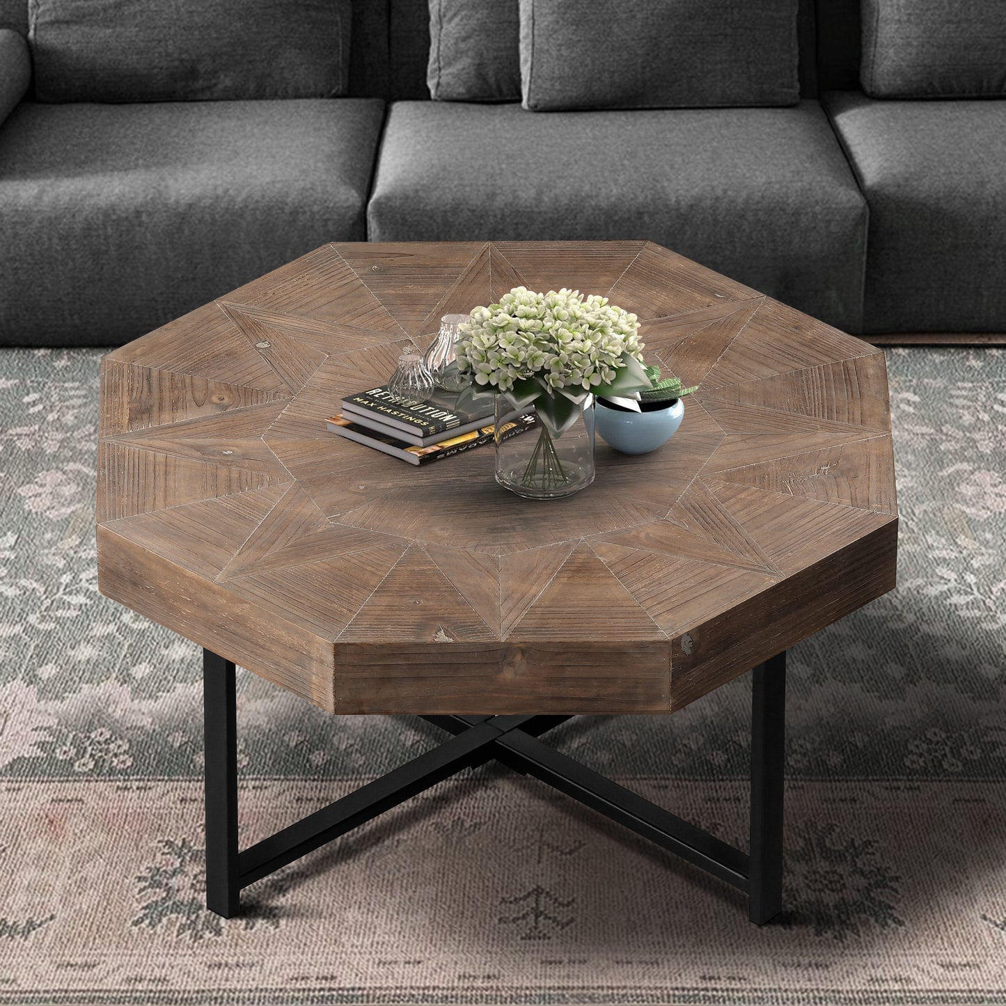 30-Inch Octagonal Vintage Coffee Table with Cross Metal Legs - Antique Brown