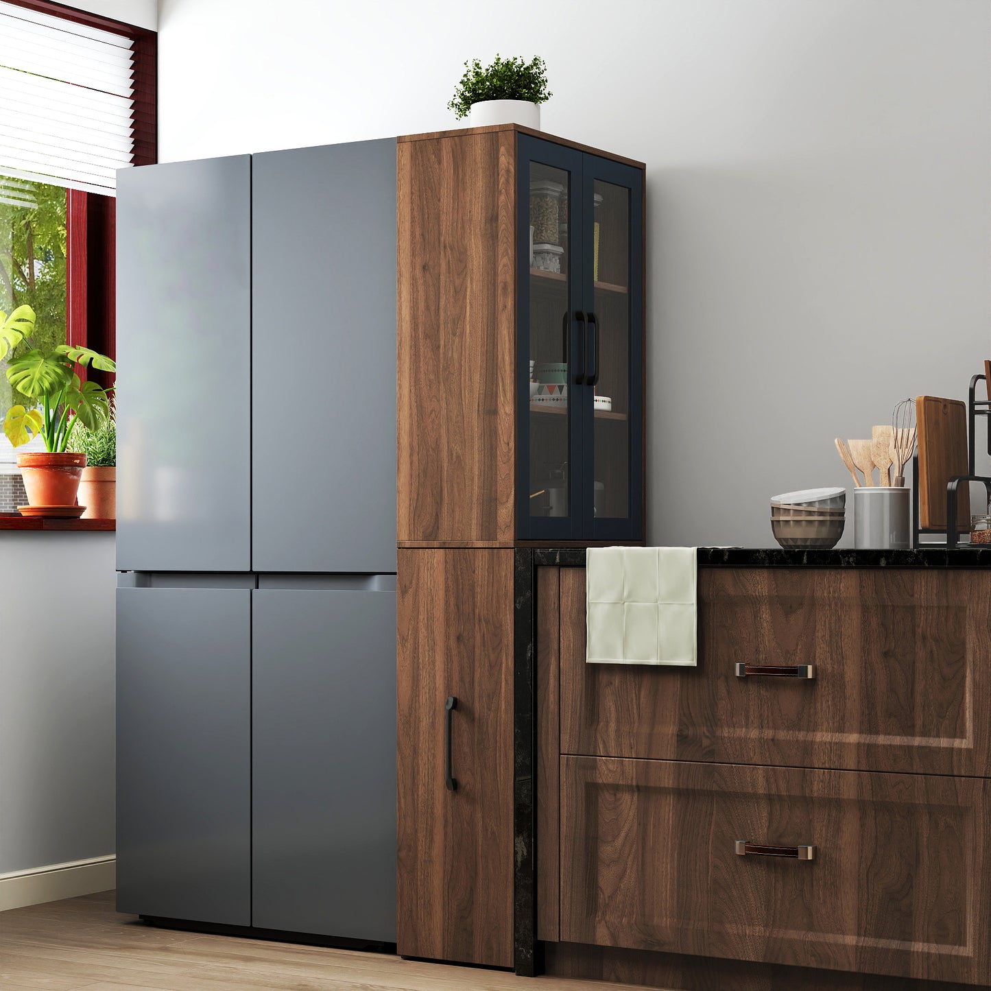 70.87" H Walnut Display Storage Cabinet - 4-Tier with Glass Doors