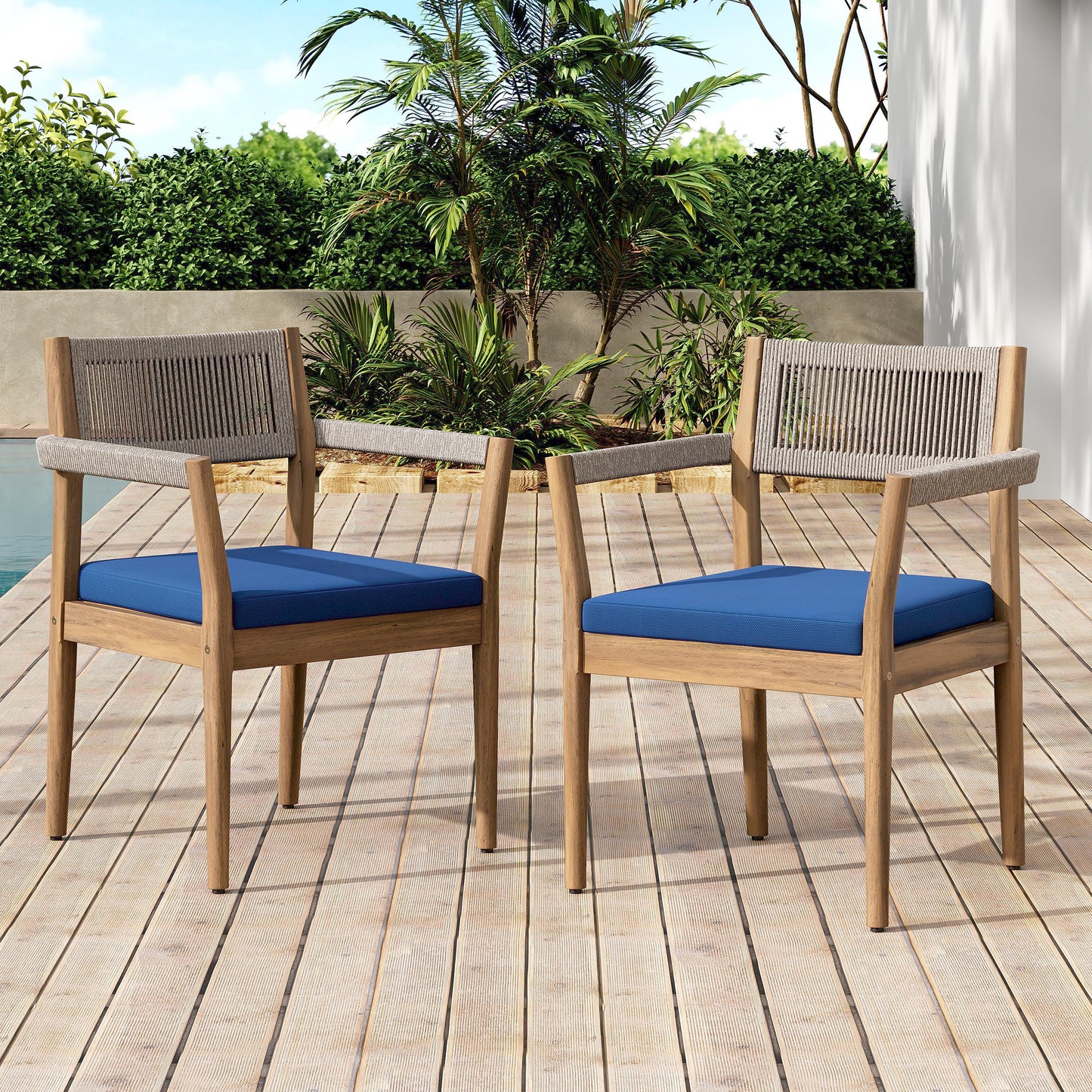 Braided Acacia Wood Outdoor Dining Chairs Set Of 6 Teak Look With