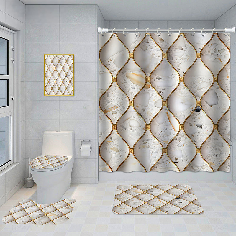 Bathroom 5-Piece Shower Curtain Set with Mat and Decorative Aluminum Frame