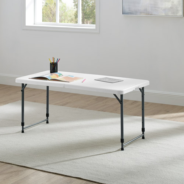 4-Foot Folding Plastic Table - Adjustable Height, White