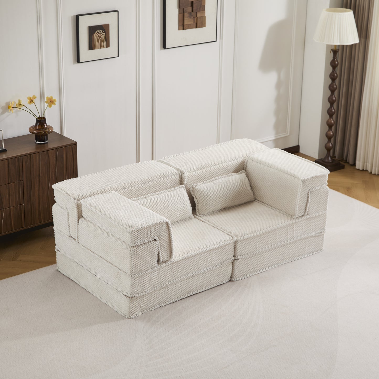 Convertible Floor Sofa Bed - Modern White Mahjong Sofa