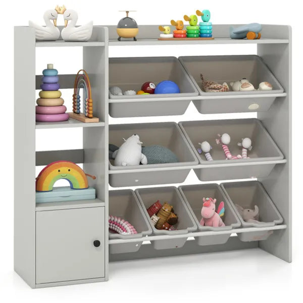 Kids Toy Organizer (Grey) - 44"x12"x39.5", 8 Storage Boxes, Open