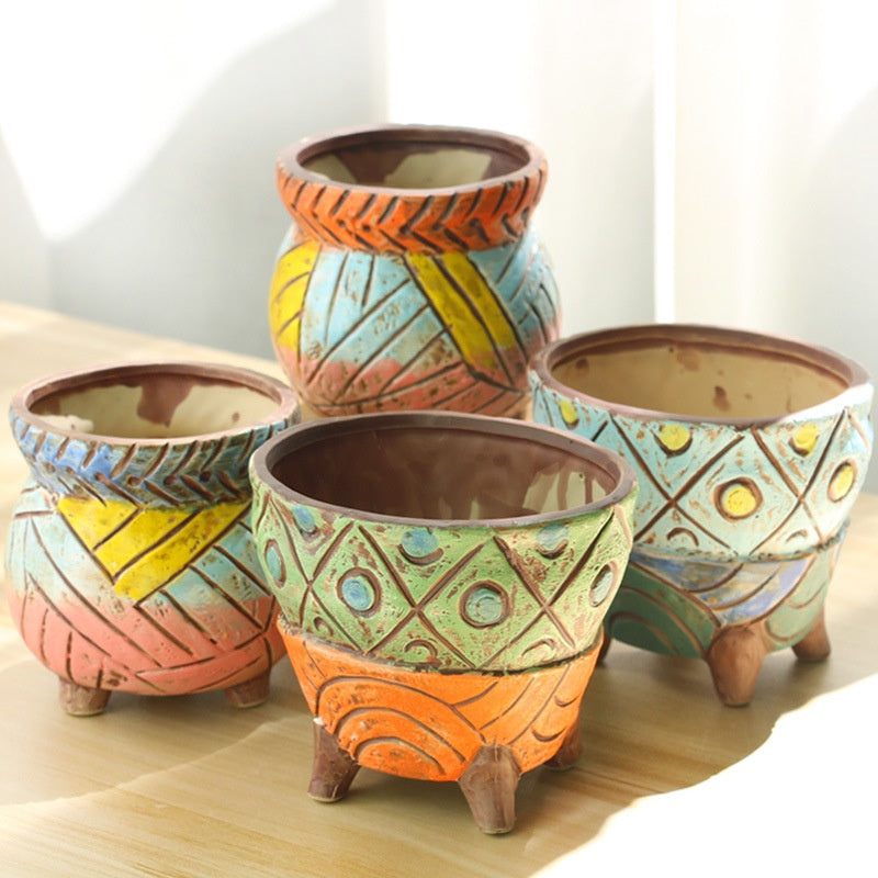 Rustic Ceramic Succulent Planter with 3D Stoneware Design - All Styles