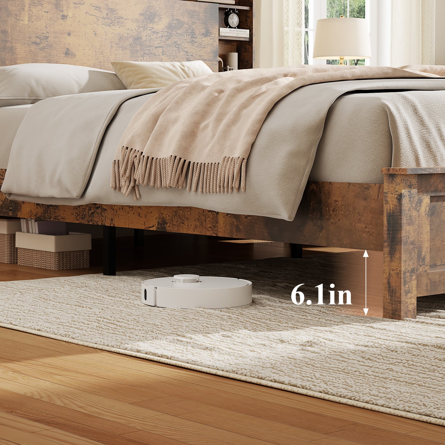 Queen Wood Platform Bed Frame with Bookcase Headboard & LED