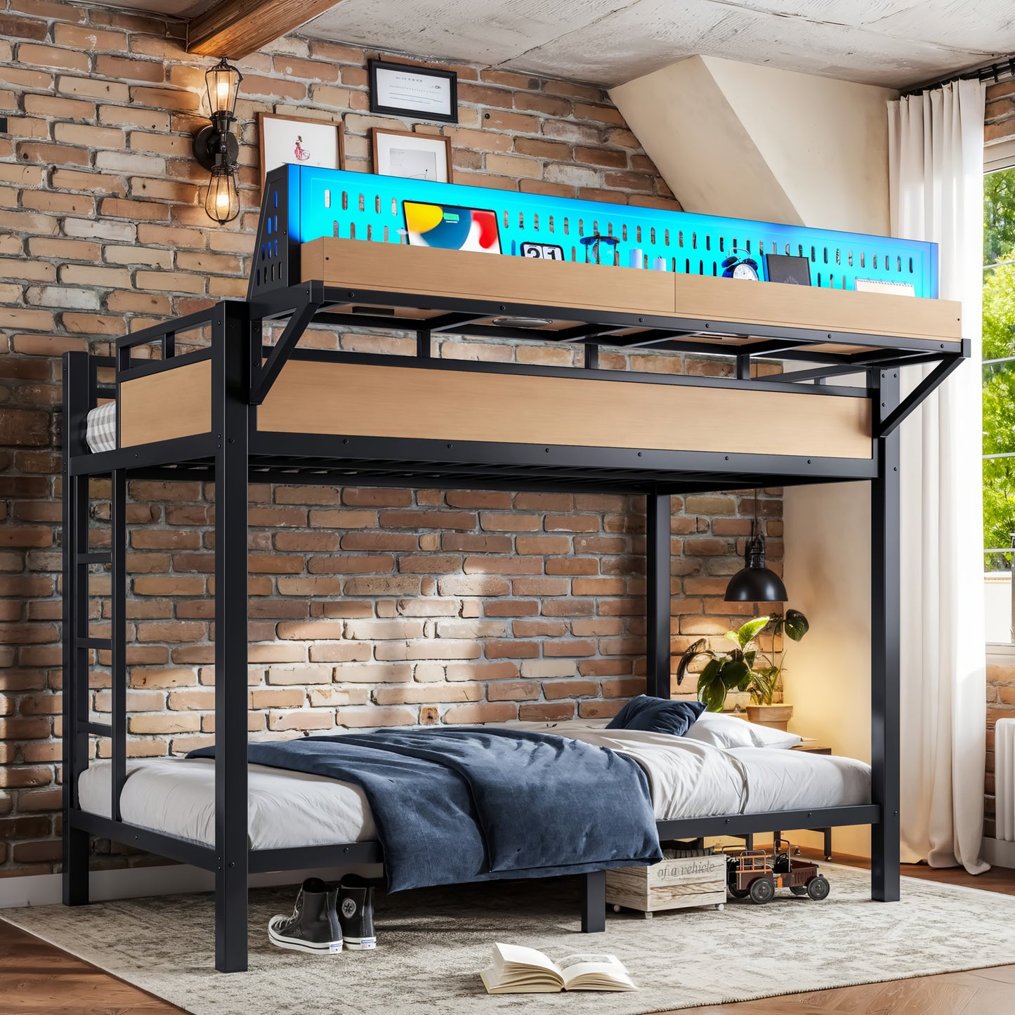 Twin XL Metal Bunk Bed with USB Ports & LED Lights - Natural