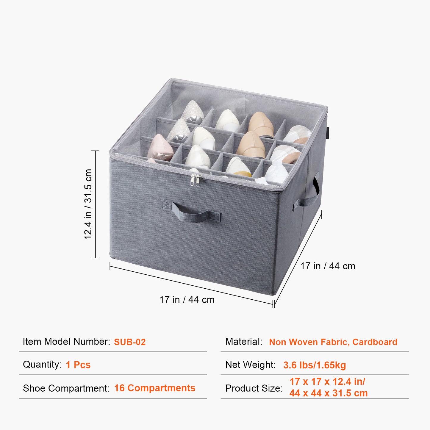Under Bed Shoe Storage Organizer with Adjustable Dividers - Grey