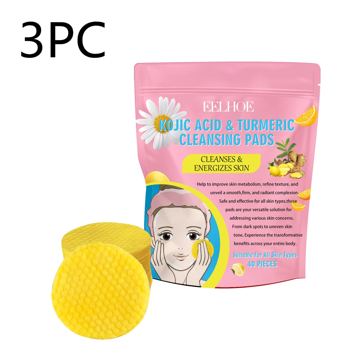 Kojic Acid Turmeric Facial Cleansing Pads Set for Skin Brightening & Acne Care