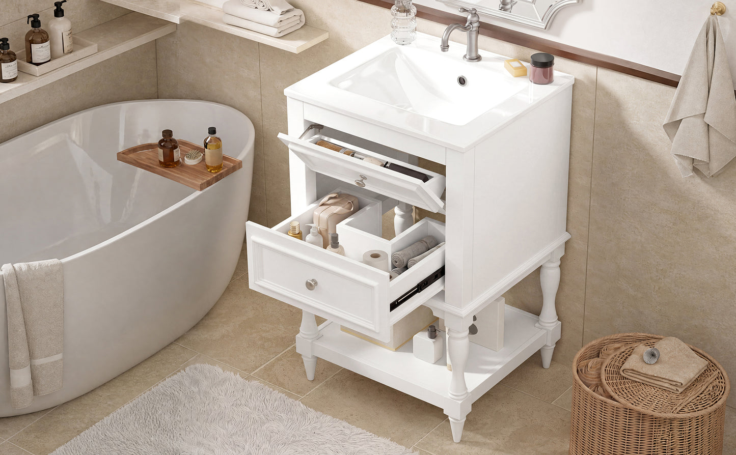 20'' White Bathroom Vanity with Ceramic Sink & Storage Cabinet