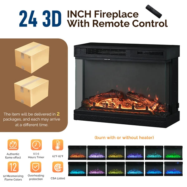 58-Inch Black Gold Oak Electric Fireplace TV Stand with Lattice Glass