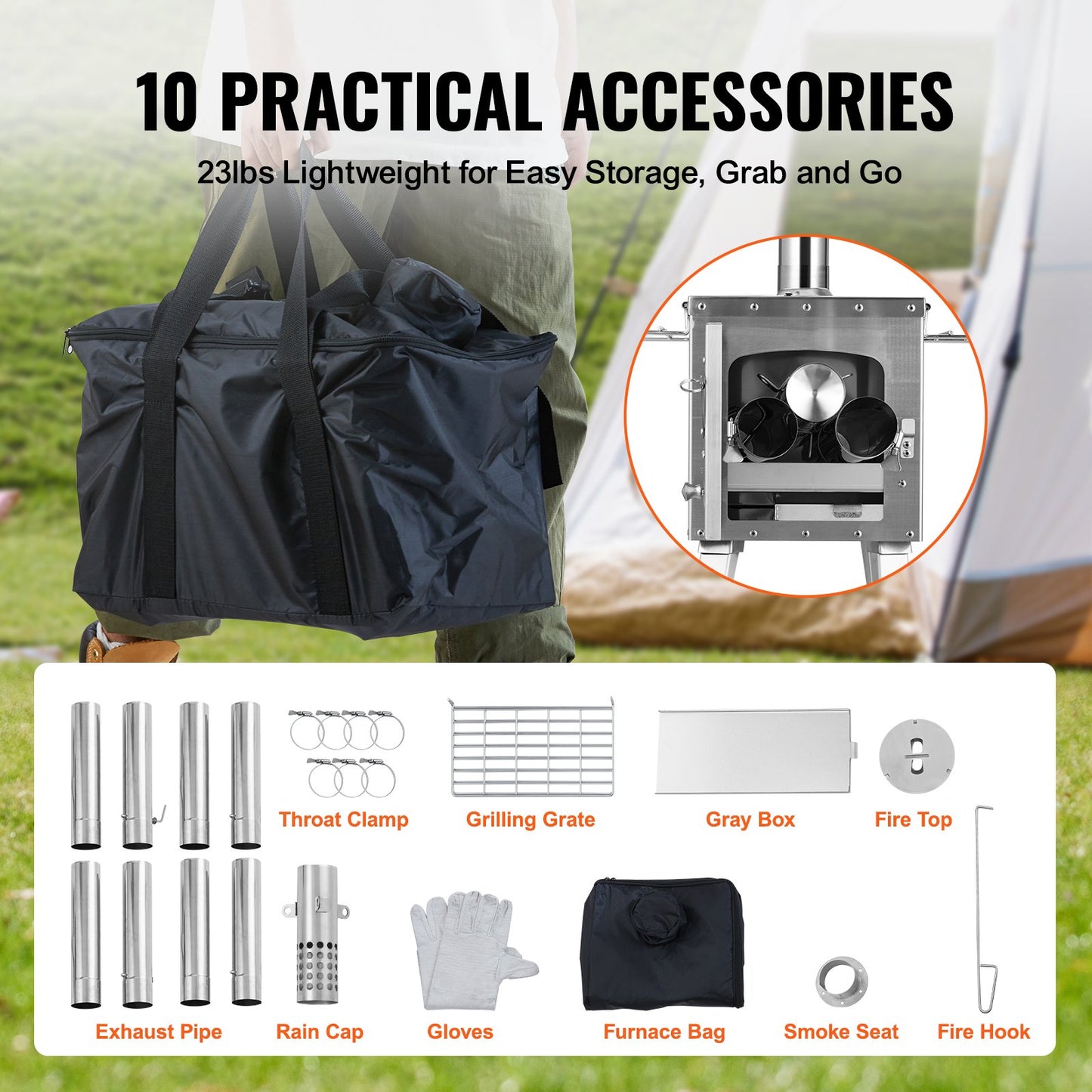 Portable Stainless Steel Wood Stove 86 Inch Camping Tent Heater with Chimney & Gloves