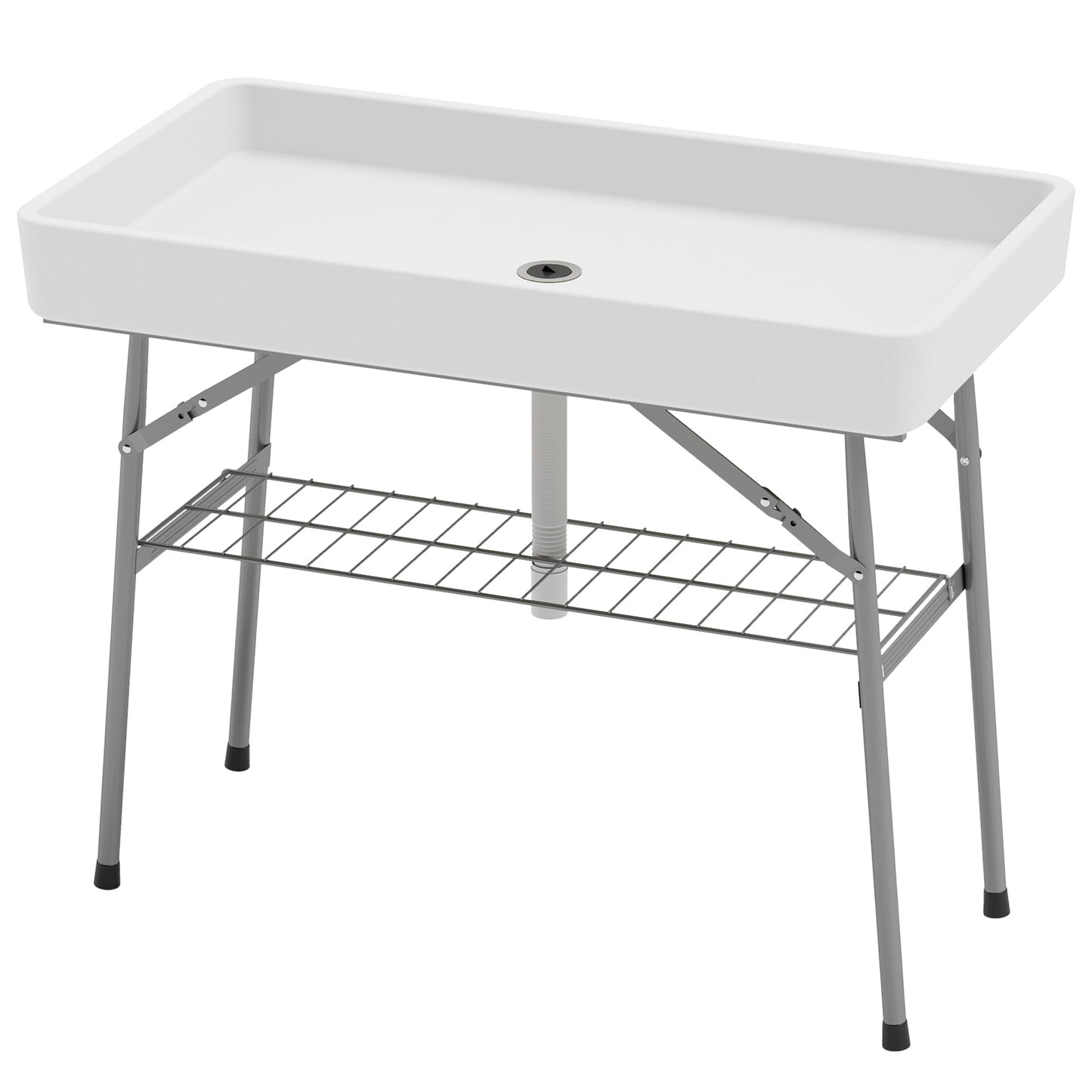 Folding Ice Cooler Table with Drain & Storage Shelf - White